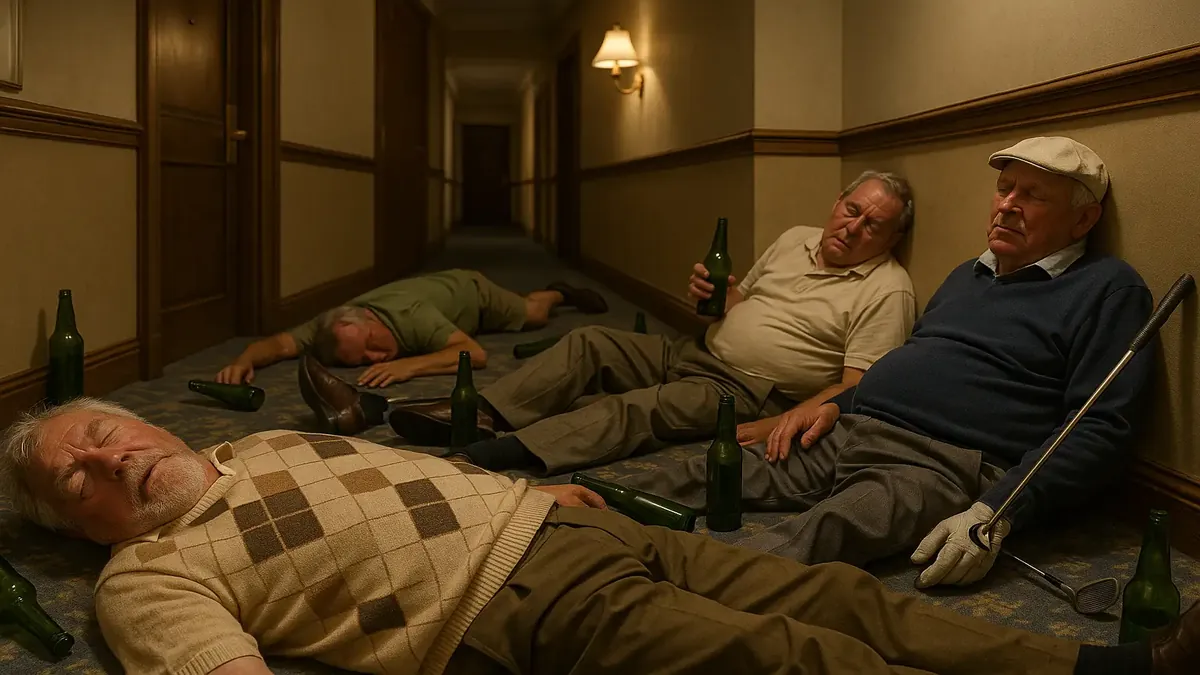 Group of elderly men enjoying golf with drinks, creating a chaotic scene at a hotel night shift.