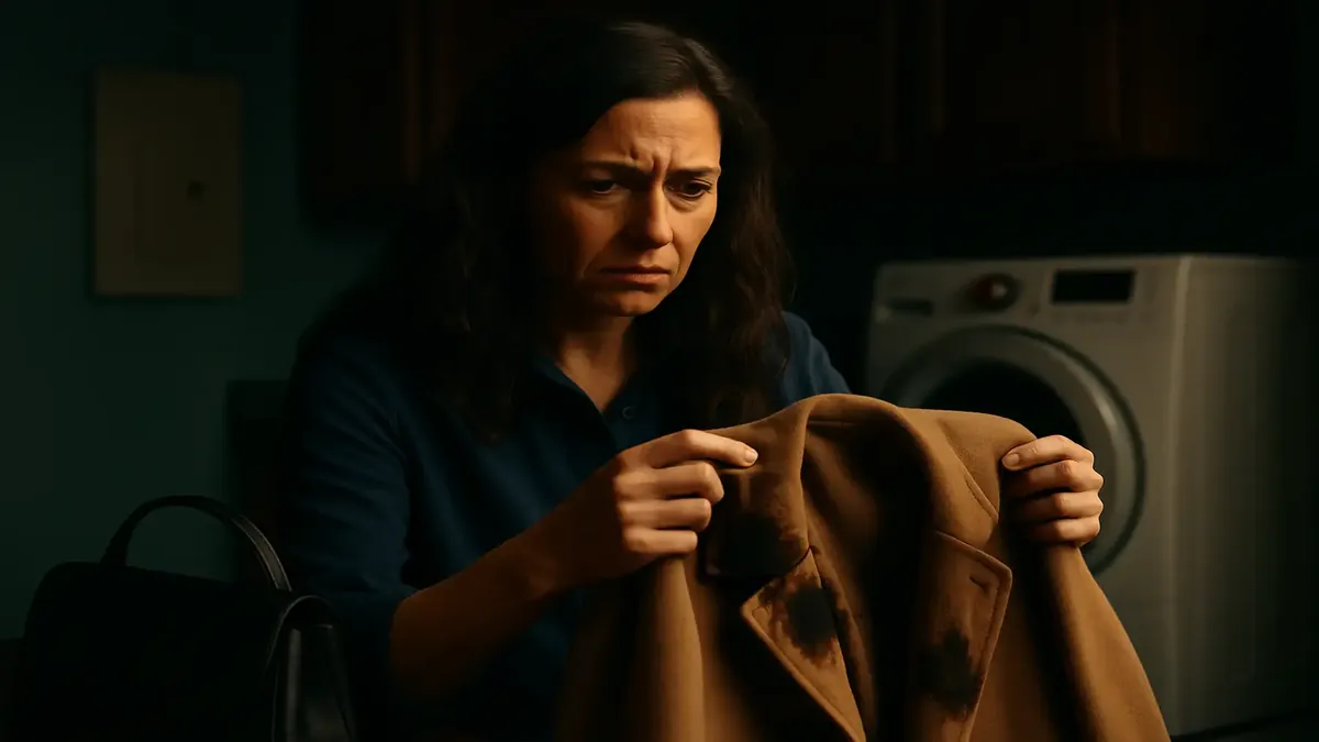 A cinematic image of a coat on a laundry room floor, highlighting the disappointment of a ruined garment.