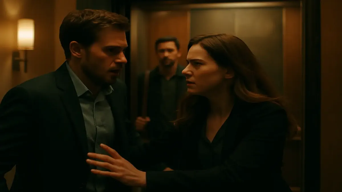 Woman rushing into an elevator, narrowly missing a man stepping out, capturing a cinematic hotel moment.