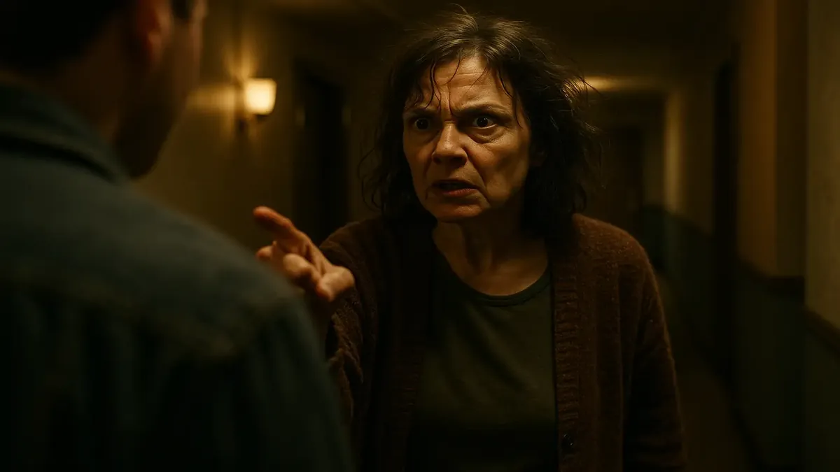 Cinematic image of a frustrated tenant confronted by a neighbor in an apartment hallway.