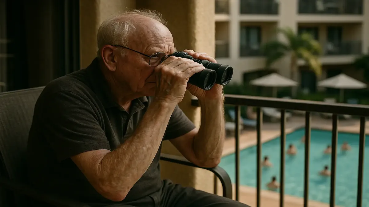 Old man on a balcony with binoculars, observing people at a hotel pool, creating a creepy atmosphere.