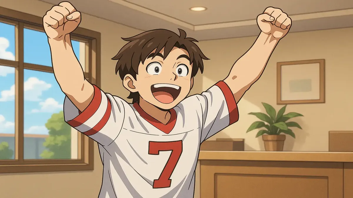 Anime illustration of a hotel front desk during a busy NFL game weekend with guests checking in.