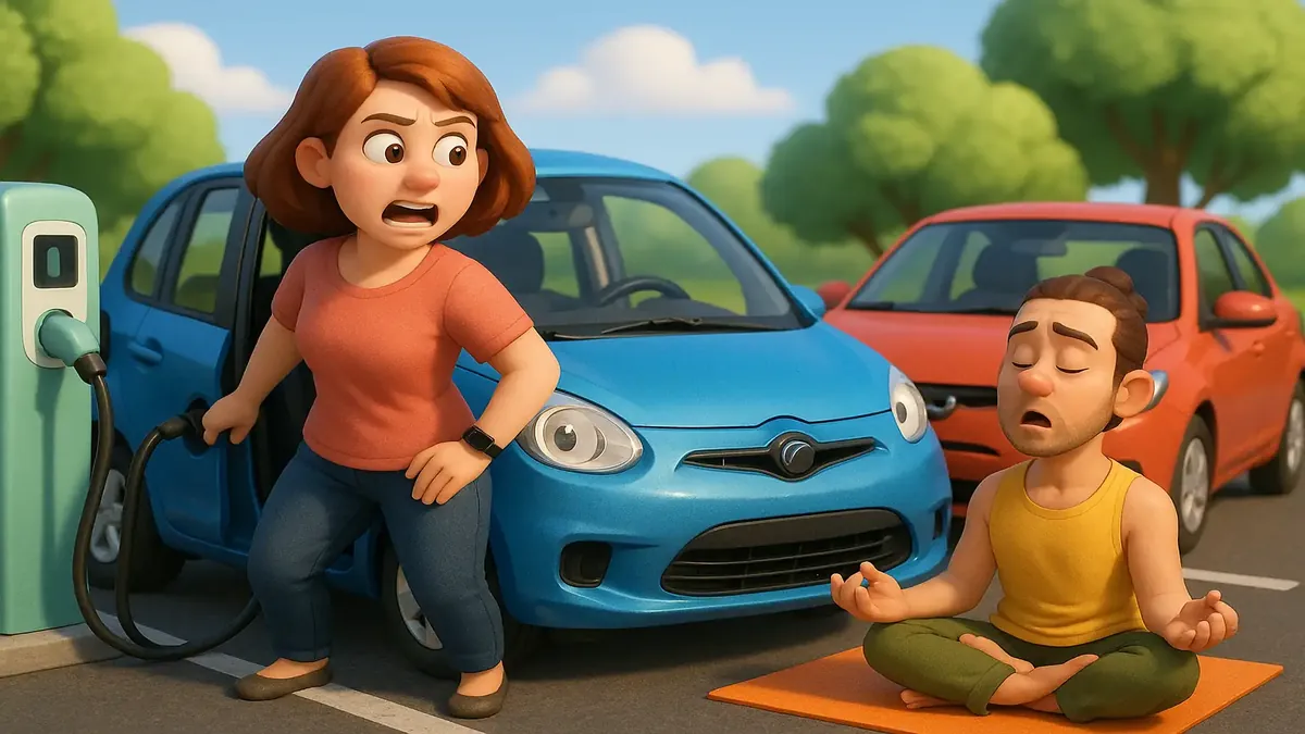 Cartoon-3D illustration of a frustrated driver blocking an electric vehicle charging spot in a public lot.
