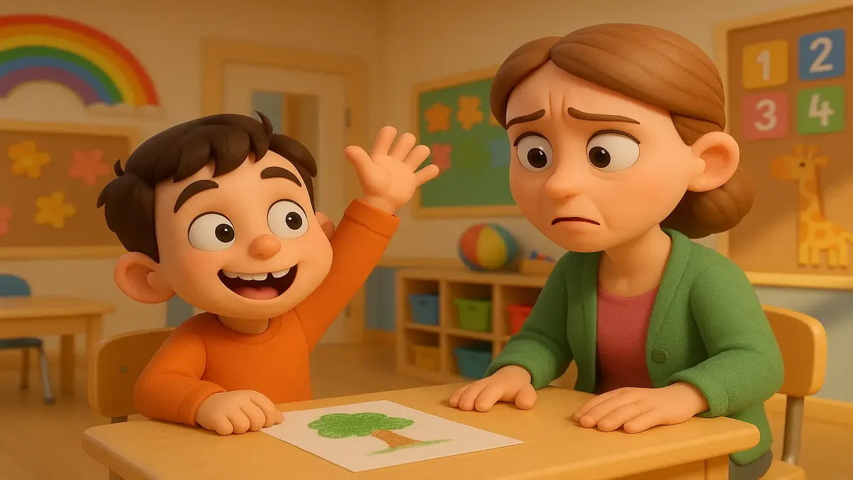 Cartoon 3D illustration of a kindergarten classroom with a confident child proving a teacher wrong.