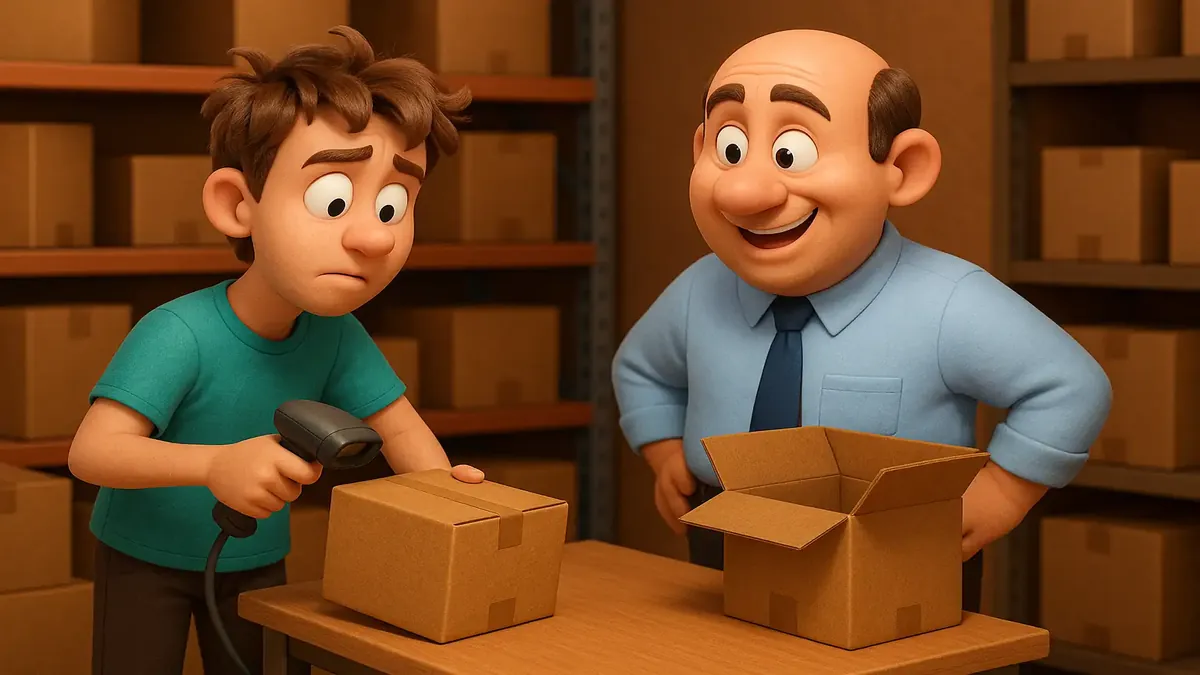 Cartoon-3D illustration of Kevin learning to use a scanner amidst boxes of office supplies.