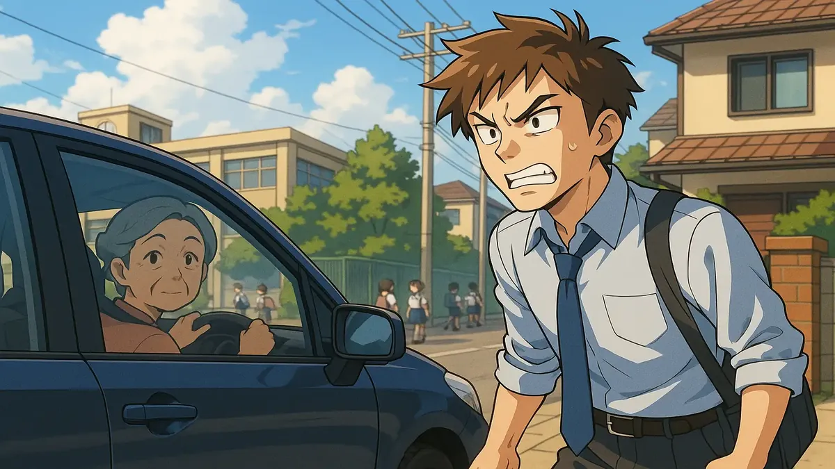 Anime illustration of a frustrated homeowner facing a car blocking their driveway near a school.