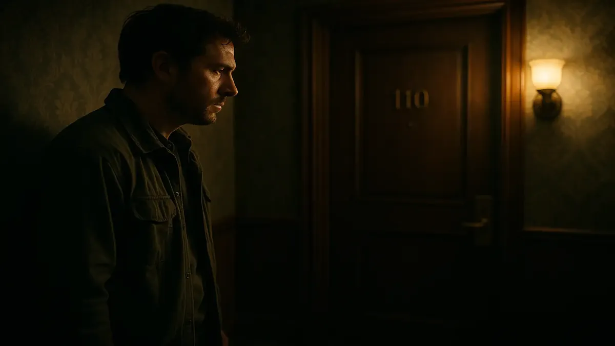 Cinematic image of a confused hotel guest looking for their room number, conveying frustration and uncertainty.