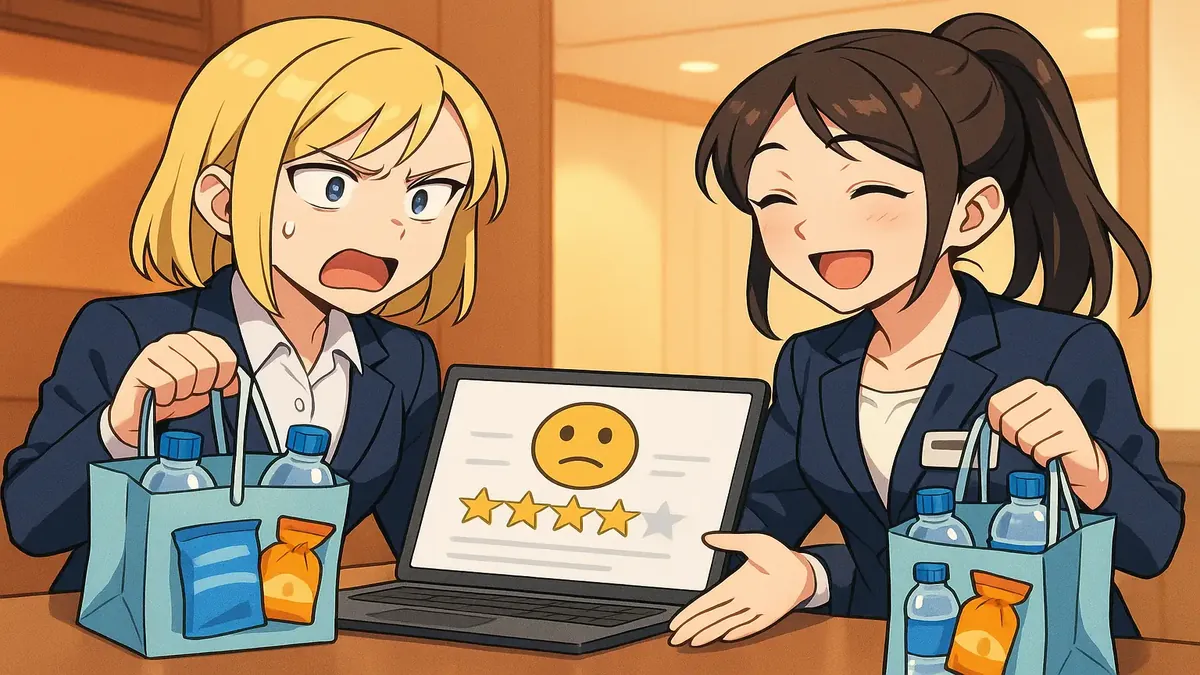 Anime illustration of two front desk staff with different approaches to guest interactions and gift distribution.