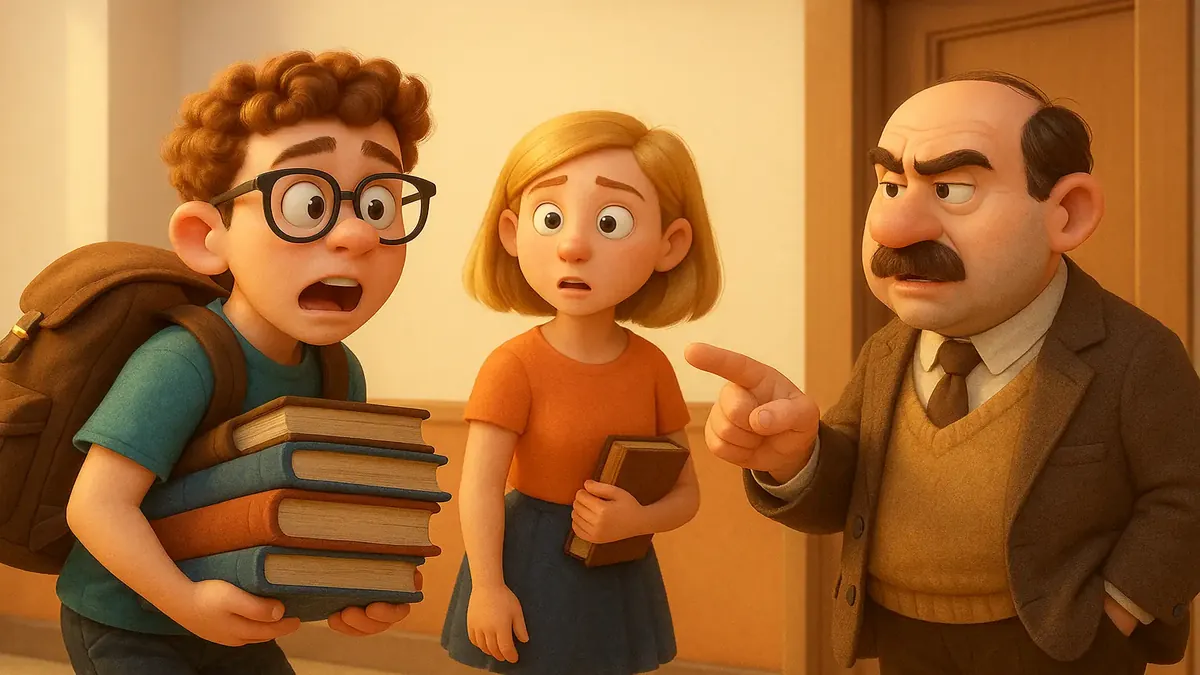 Cartoon-3D image of a student struggling with a heavy backpack filled with engineering books.