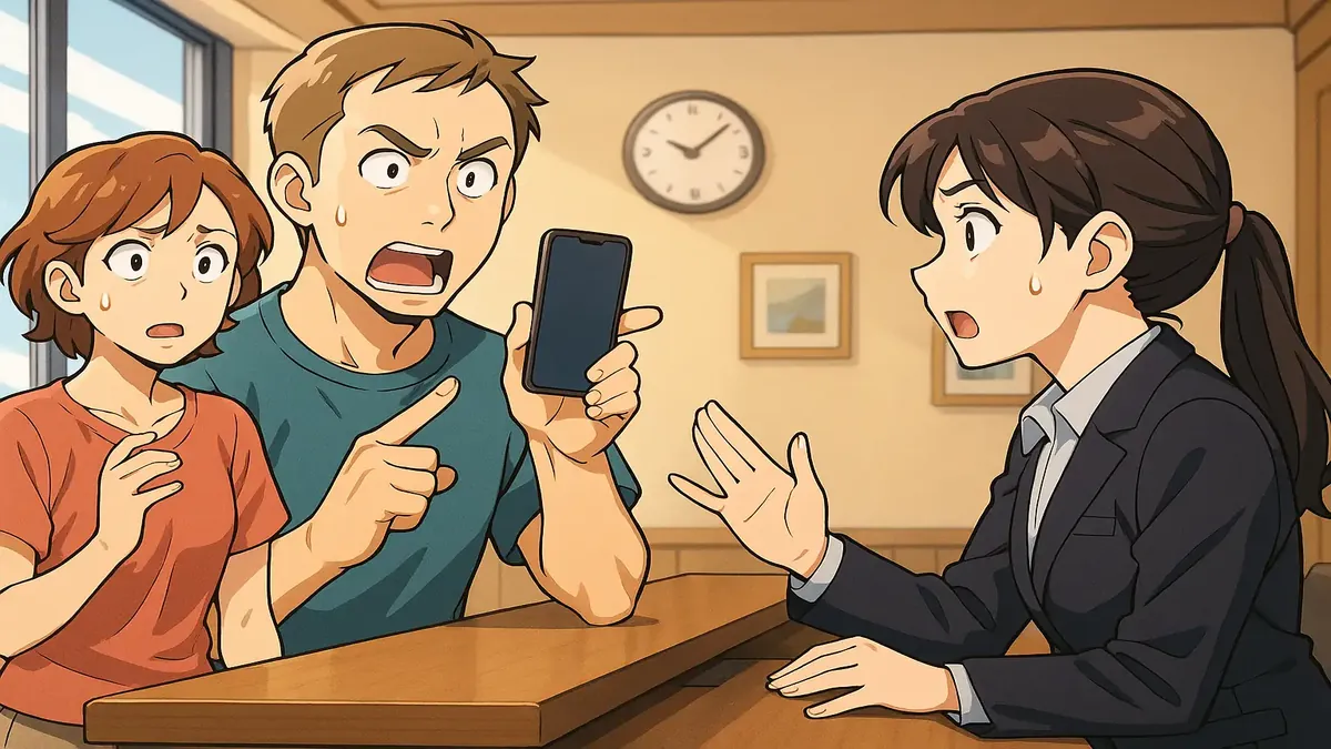Anime illustration of a confused foreign couple at a hotel breakfast desk, evoking a humorous situation.