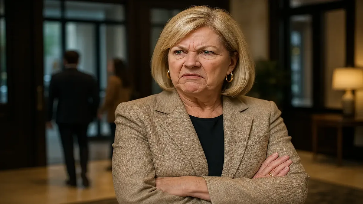 Concierge at a high-rise condo, observing HOA president gossiping about residents in the lobby.