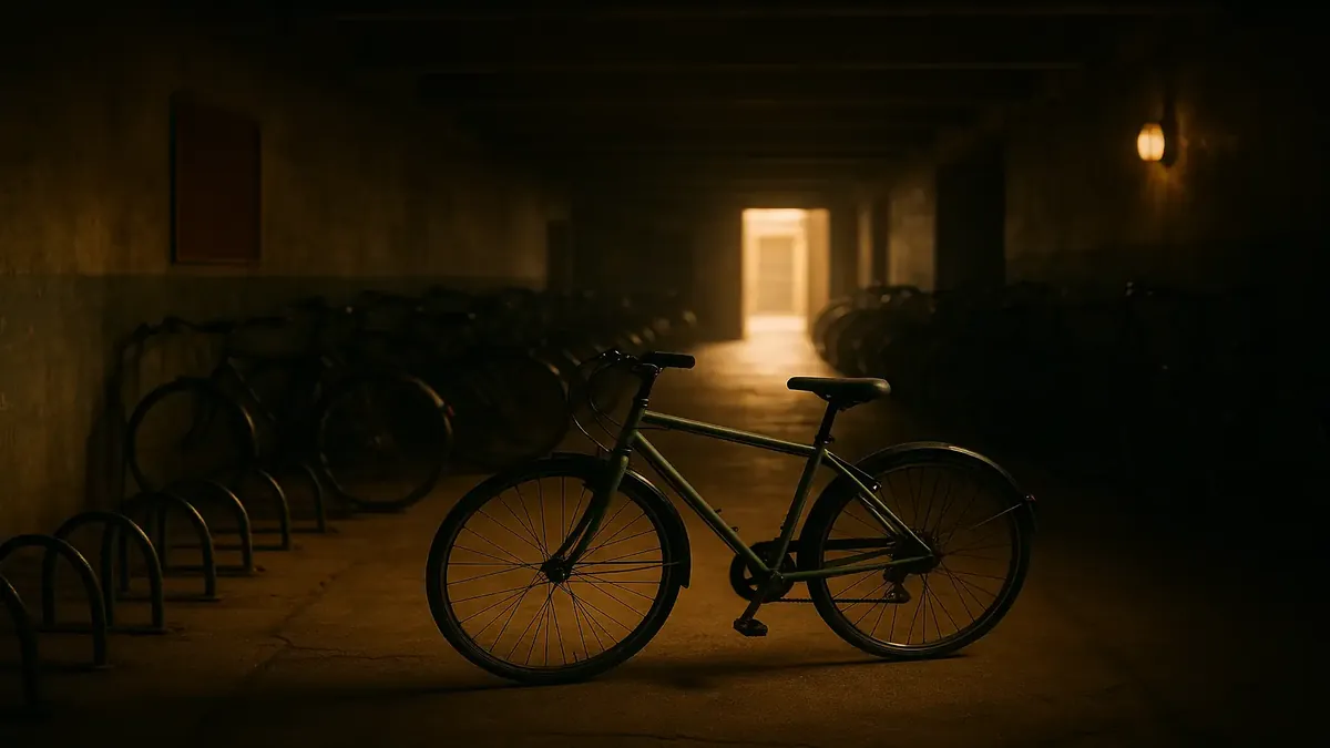 Cinematic image of a bike locker surrounded by a quiet hotel atmosphere, reflecting post-vacation solitude.