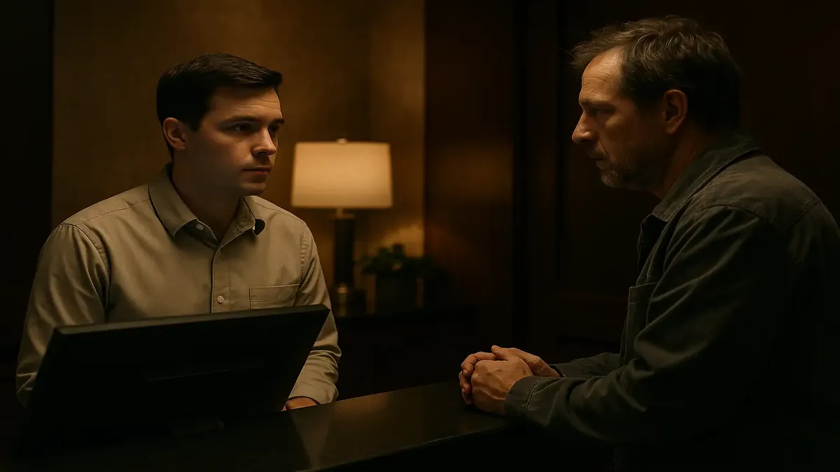 Front desk interaction at a hotel during the night shift with a concerned guest about card hold fees.
