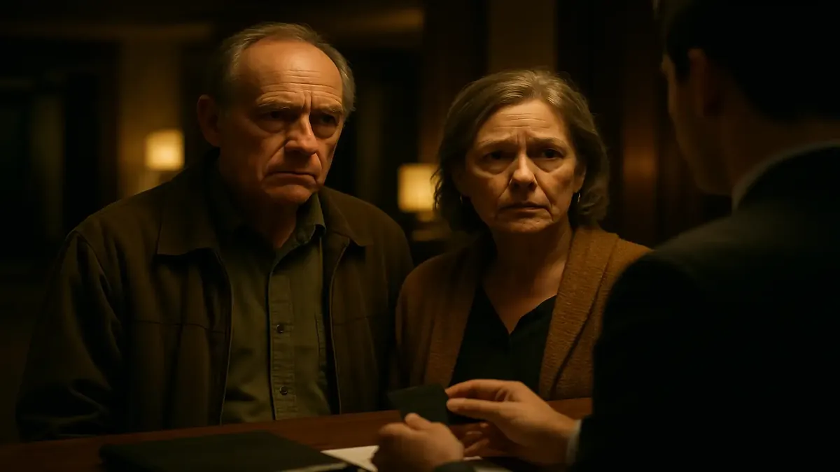 Older couple at front desk confused about hotel room key, cinematic style image capturing their surprise.