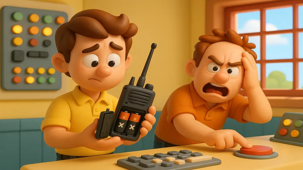 Cartoon-3D illustration of a frustrated teen at a theme park with a dead radio battery, symbolizing chaos.