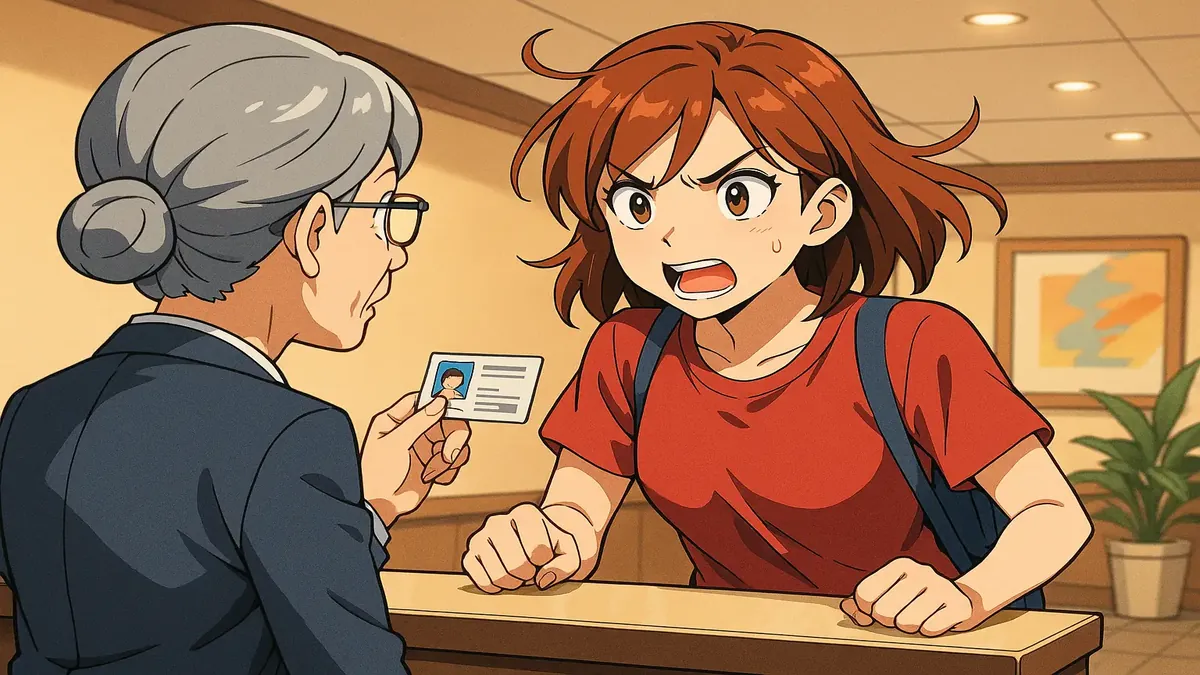Anime-style illustration depicting frustration over discount verification processes and lack of easy check-ins.