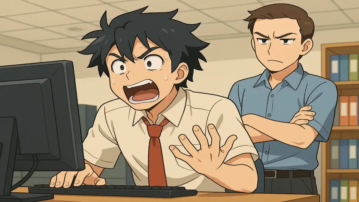 Frustrated anime character surrounded by computer parts, illustrating tech support struggles in the blog post.
