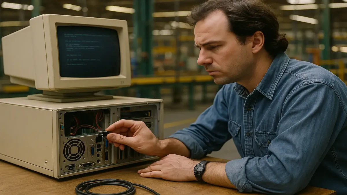 Factory automation technician troubleshooting software issues in the 1990s manufacturing environment.