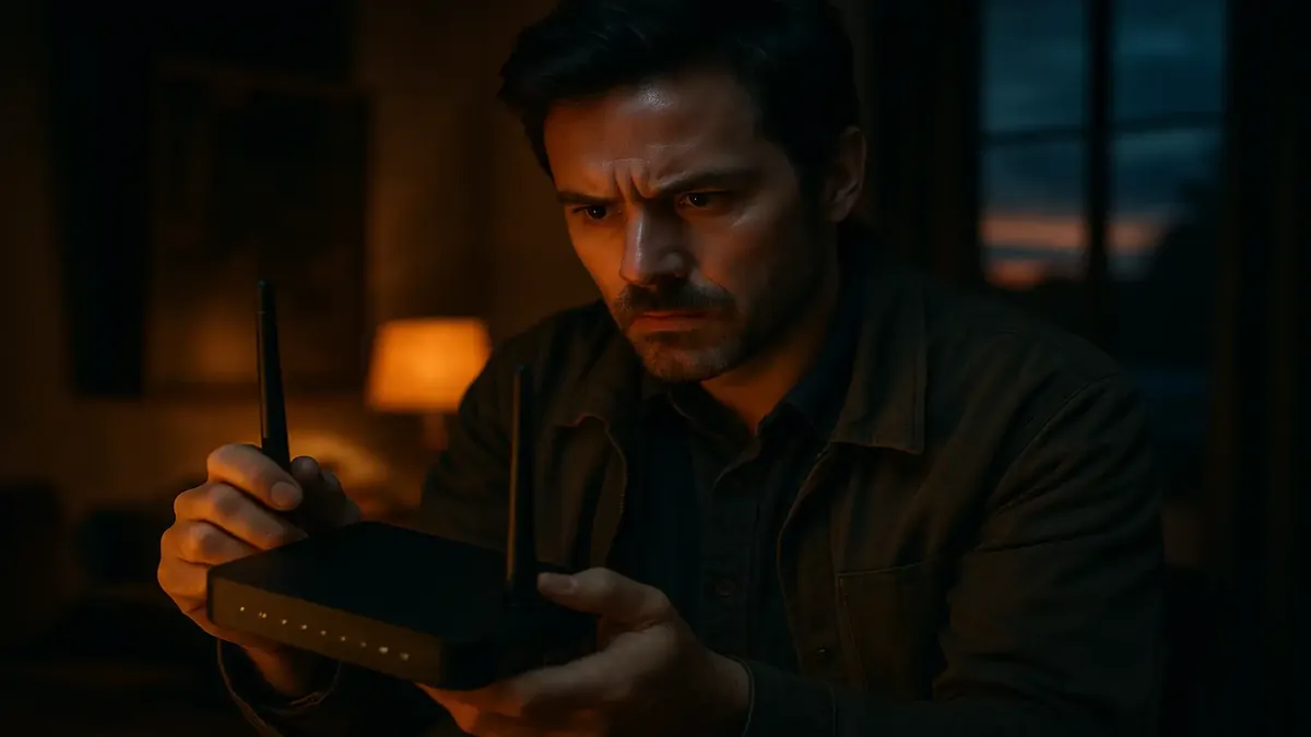 Cinematic view of a home Wi-Fi router, symbolizing the mystery of nightly Wi-Fi disappearance at 7 PM.