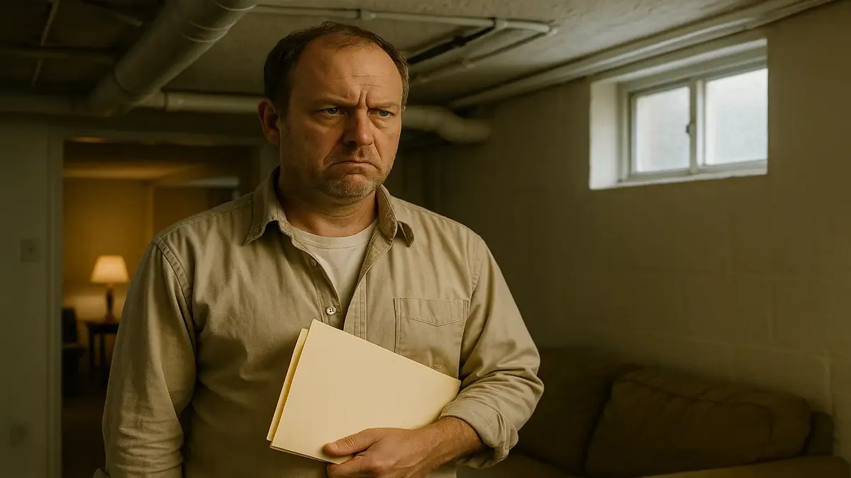 A frustrated tenant in a basement apartment dealing with difficult landlords upstairs.
