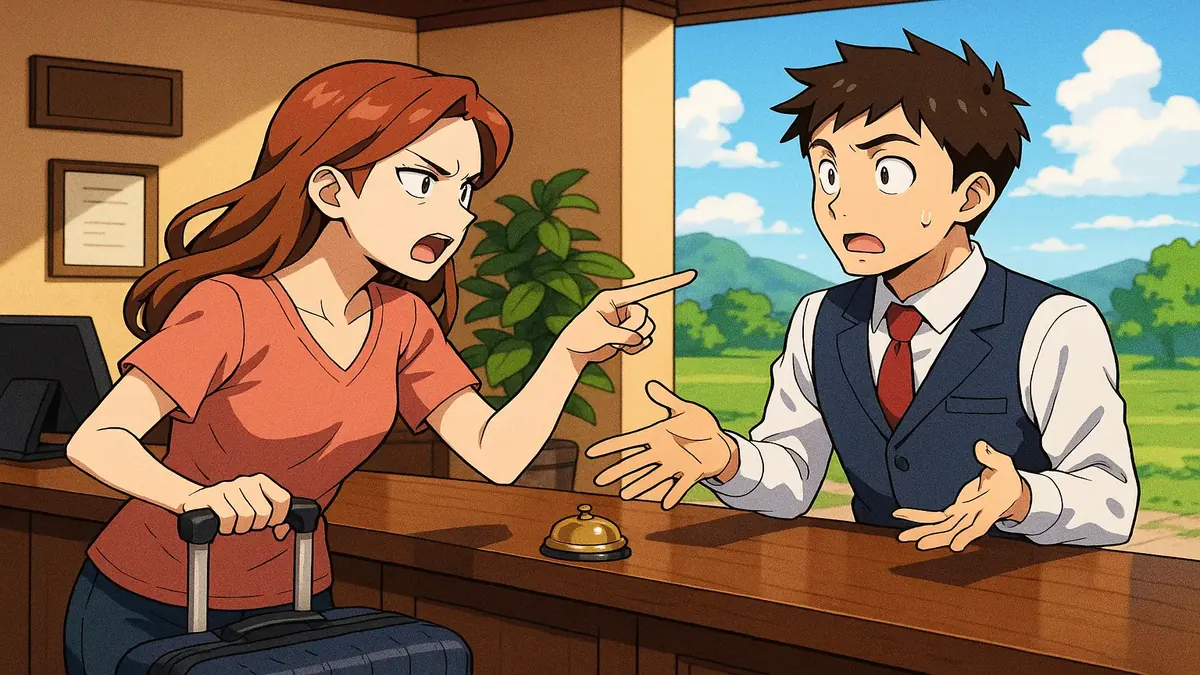 Anime illustration of a frustrated hotel guest demanding a room with no walls at the front desk.