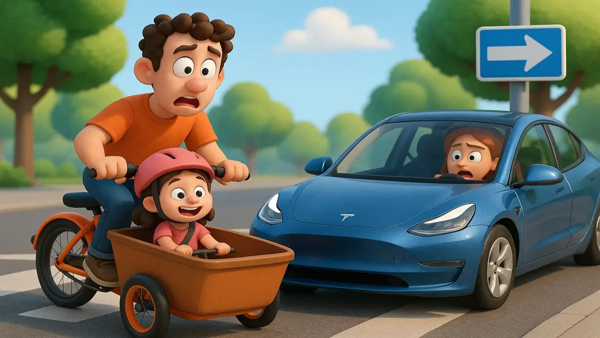 Cartoon-3D illustration of a cargobike encountering a Tesla at an intersection, highlighting bike safety issues.