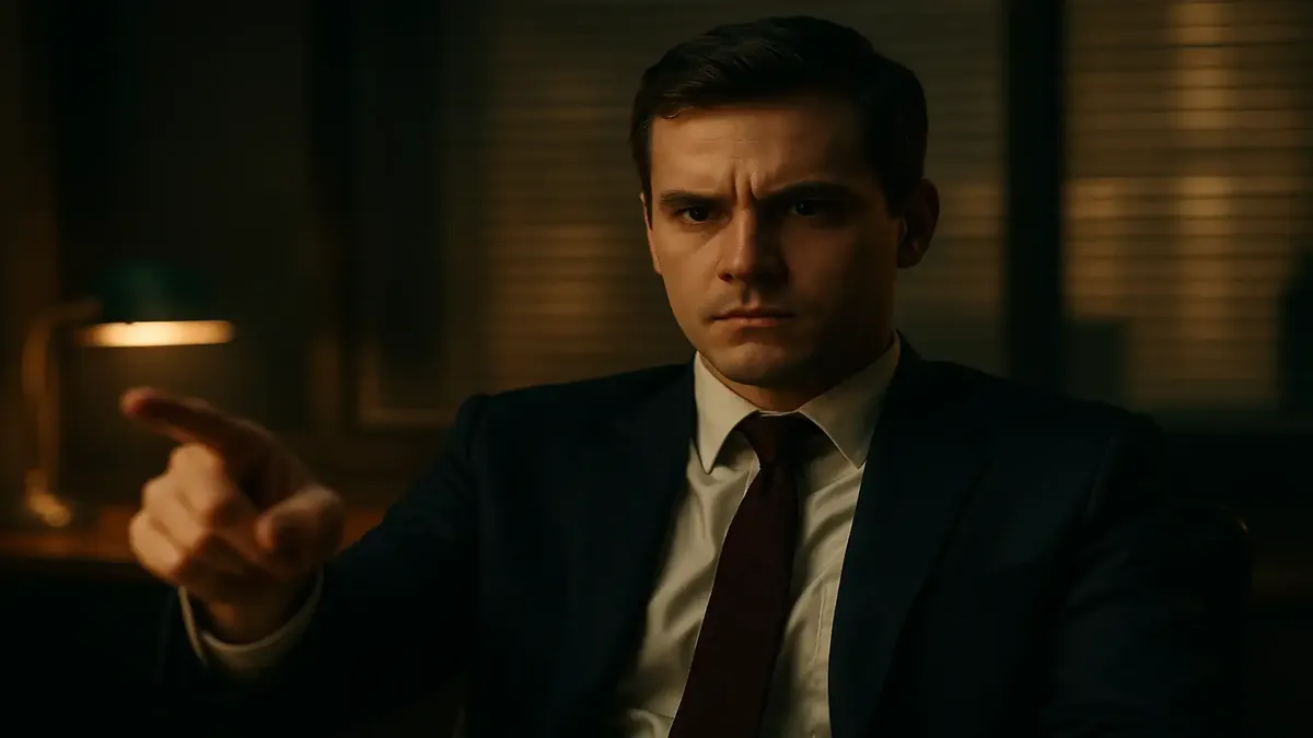 Young manager in a suit, exuding arrogance, symbolizing ineffective leadership in a corporate setting.