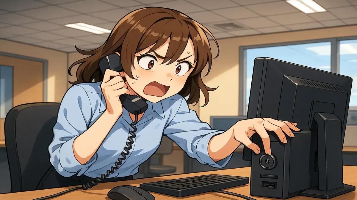 Anime illustration of a tech support agent guiding a frustrated user with computer issues at a car dealership.