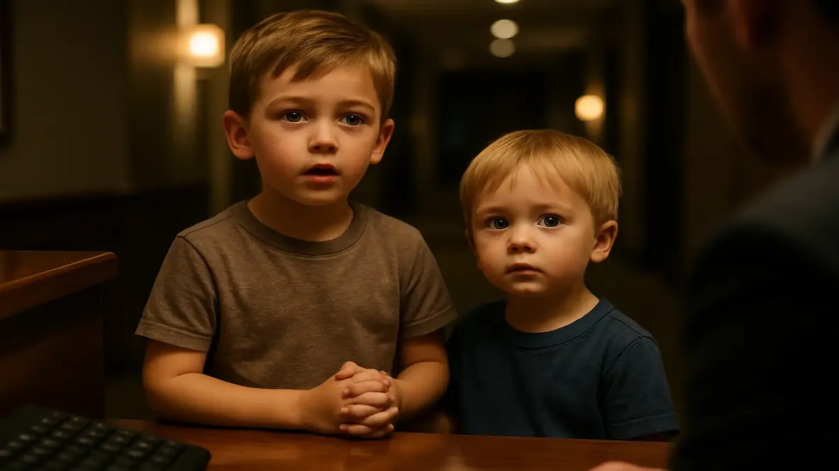 Two young boys, one five and the other three, approach a desk late at night, showcasing a touching moment between siblings.