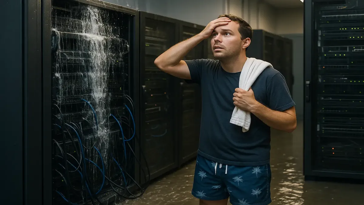 A burst sprinkler pipe floods a data center, highlighting IT crisis management challenges.