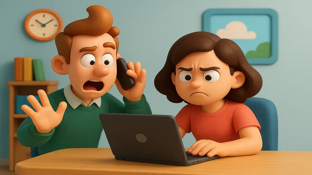 Cartoon 3D illustration of a server going offline for backup during a software update discussion.