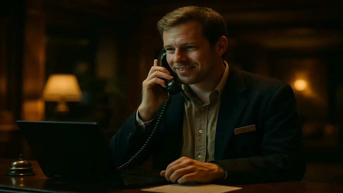Night audit scene in a hotel lobby, showcasing a relaxed atmosphere and vibrant cinematic lighting.