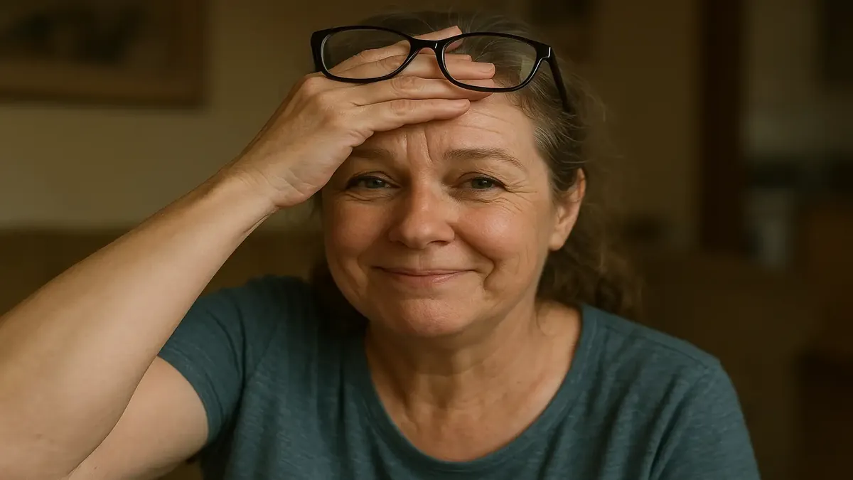 A nostalgic moment of a woman searching for her glasses, symbolizing forgotten memories and family stories.