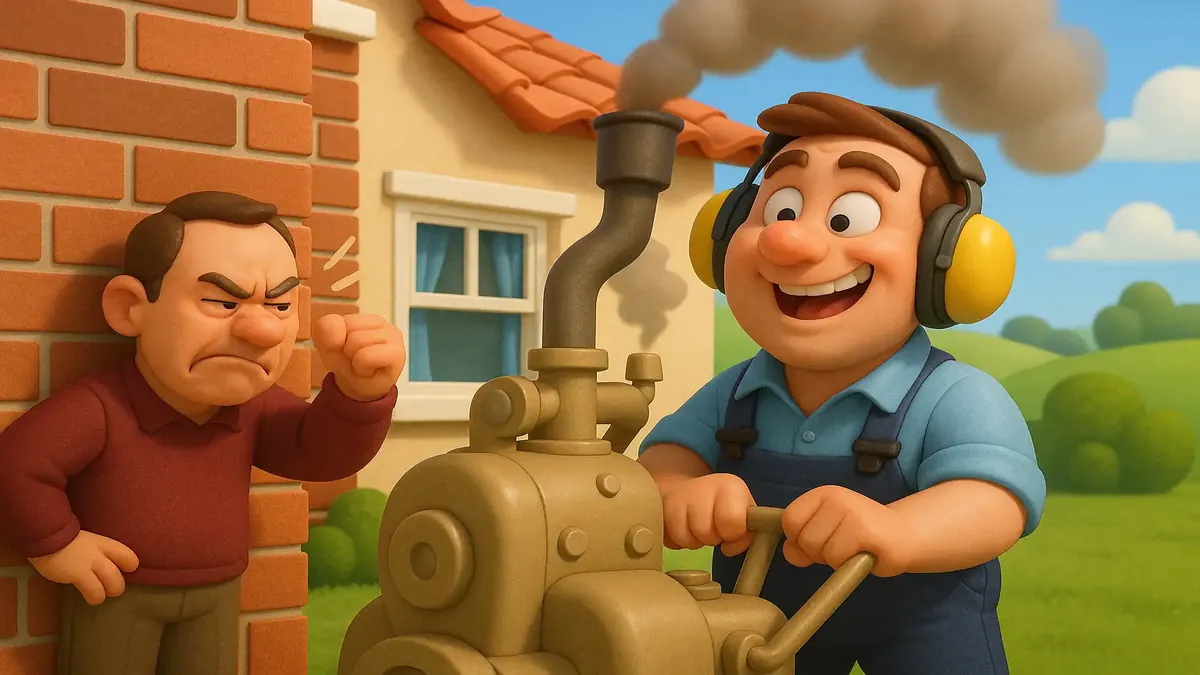 Cartoon-3D depiction of a noisy neighbour causing disturbances in a semi-detached house in Scotland.