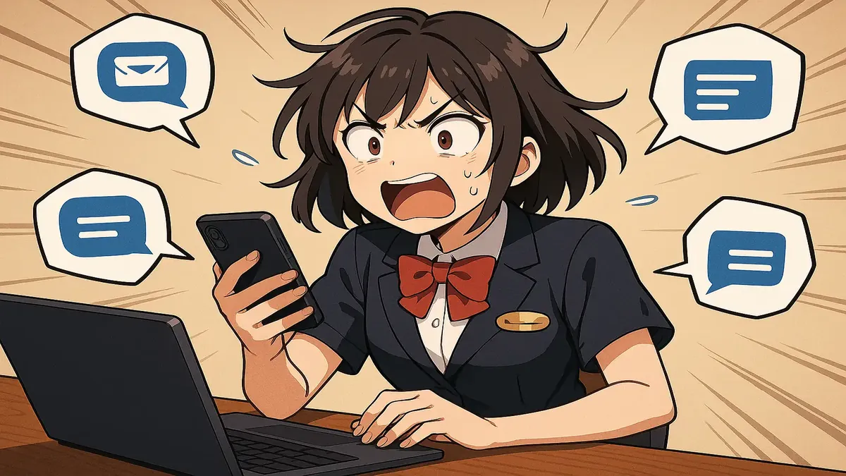 Frustrated guest service worker in anime style, overwhelmed by messaging system alerts and multiple guest messages.