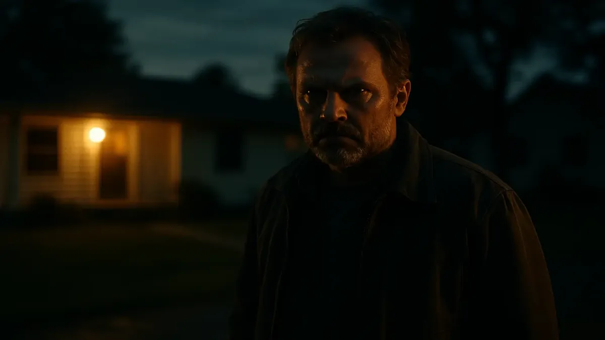 Cinematic image of a tense neighborhood dispute with a house and trees in the background, reflecting conflict.