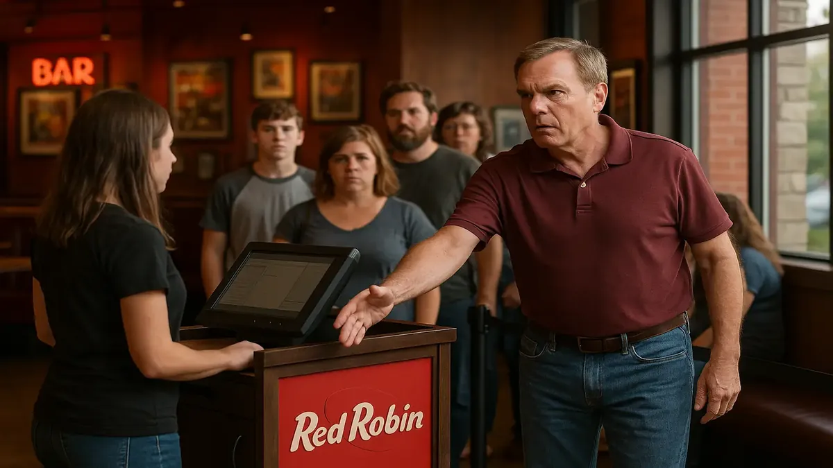 Family waiting in line at Red Robin, showcasing a busy restaurant atmosphere with guests and staff.