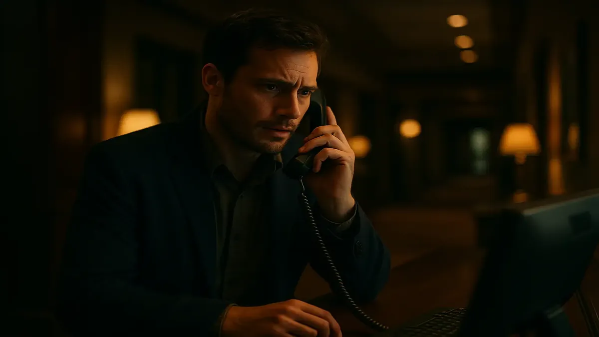Guest dials 911 from hotel room; front desk staff responds during a busy shift.