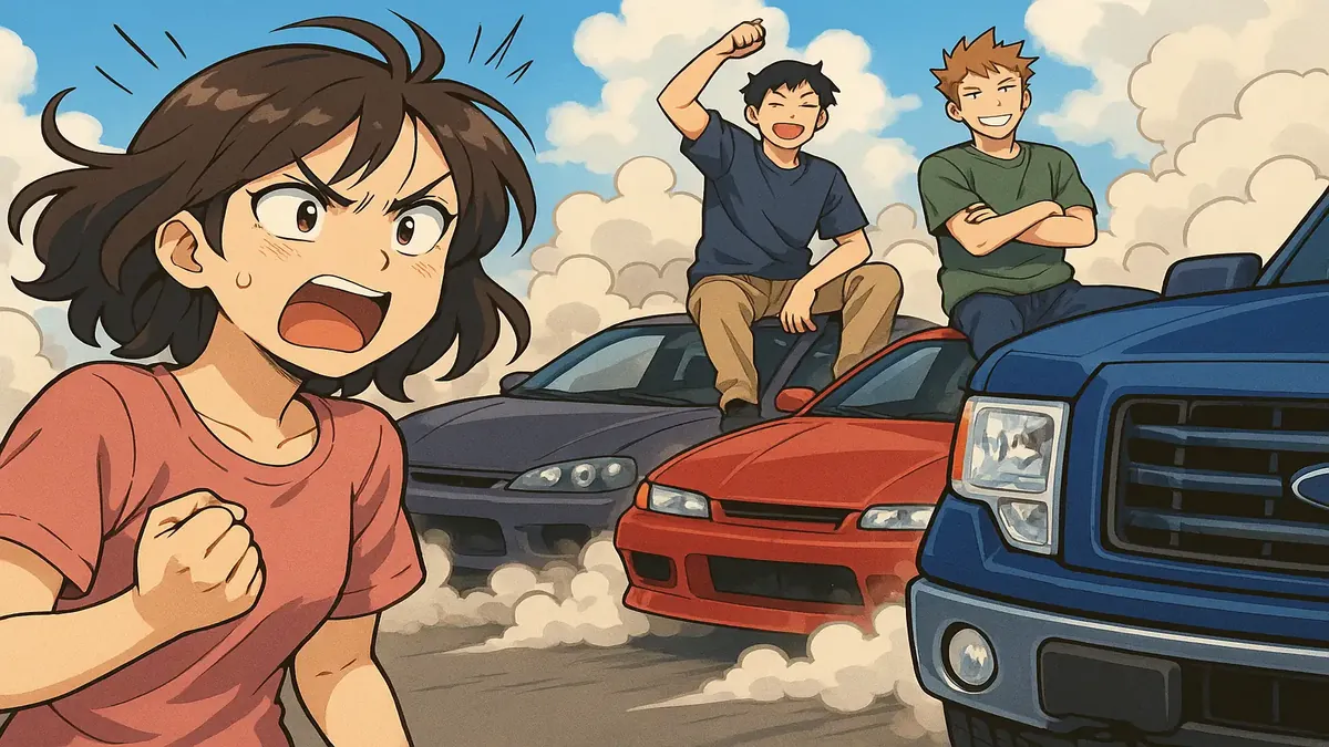 Animated scene of noisy cars revving outside a house, capturing a chaotic neighborhood vibe from 2017.