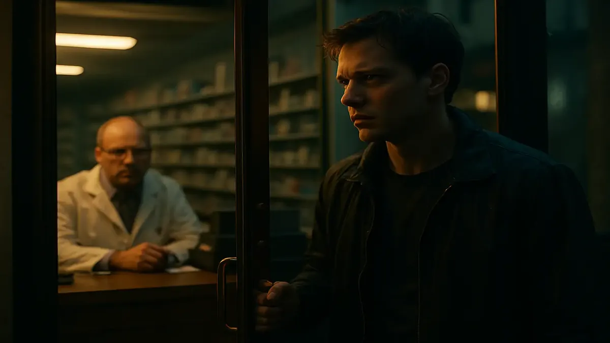 Cinematic scene depicting a stressed pharmacy worker greeting customers during a busy shift.