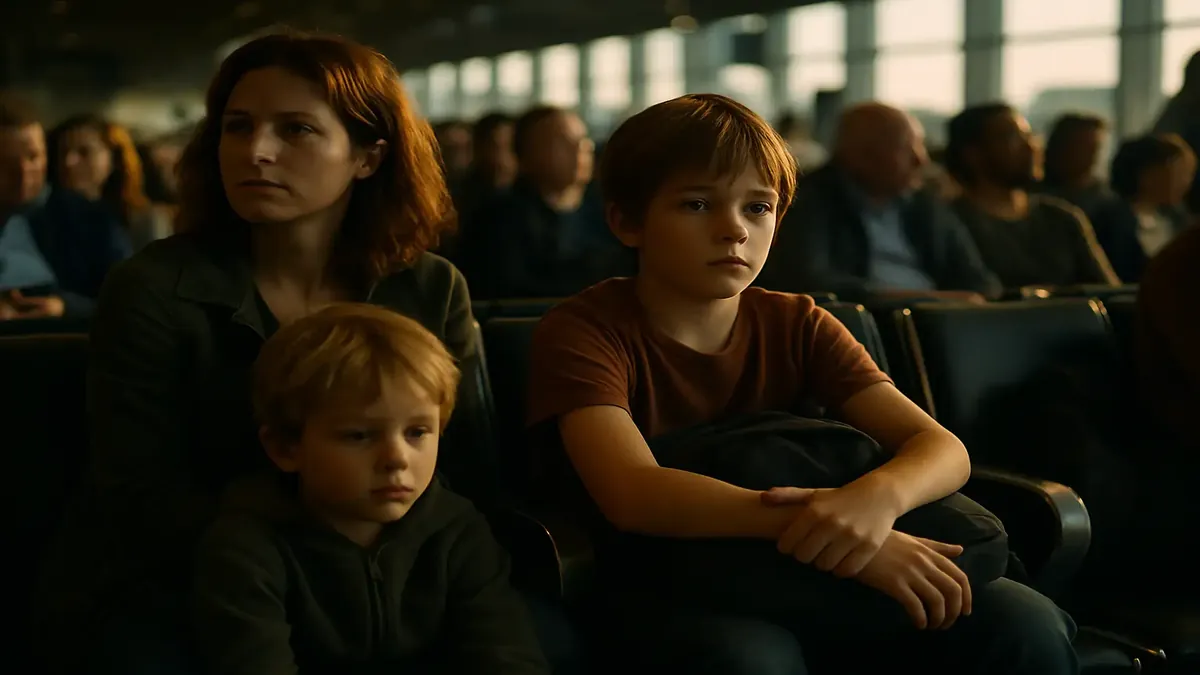 Crowded seating area at a Paris airport with families resting and waiting for their flights.