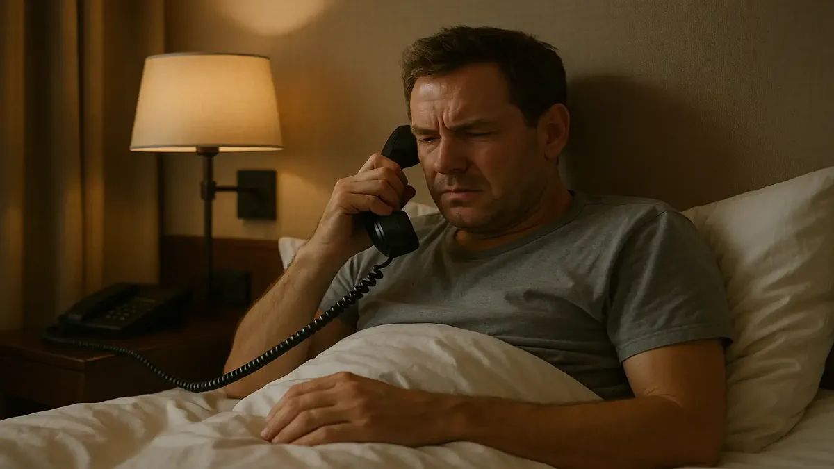 Hotel manager waking up to an early morning phone call, depicting a busy day ahead in a photorealistic style.