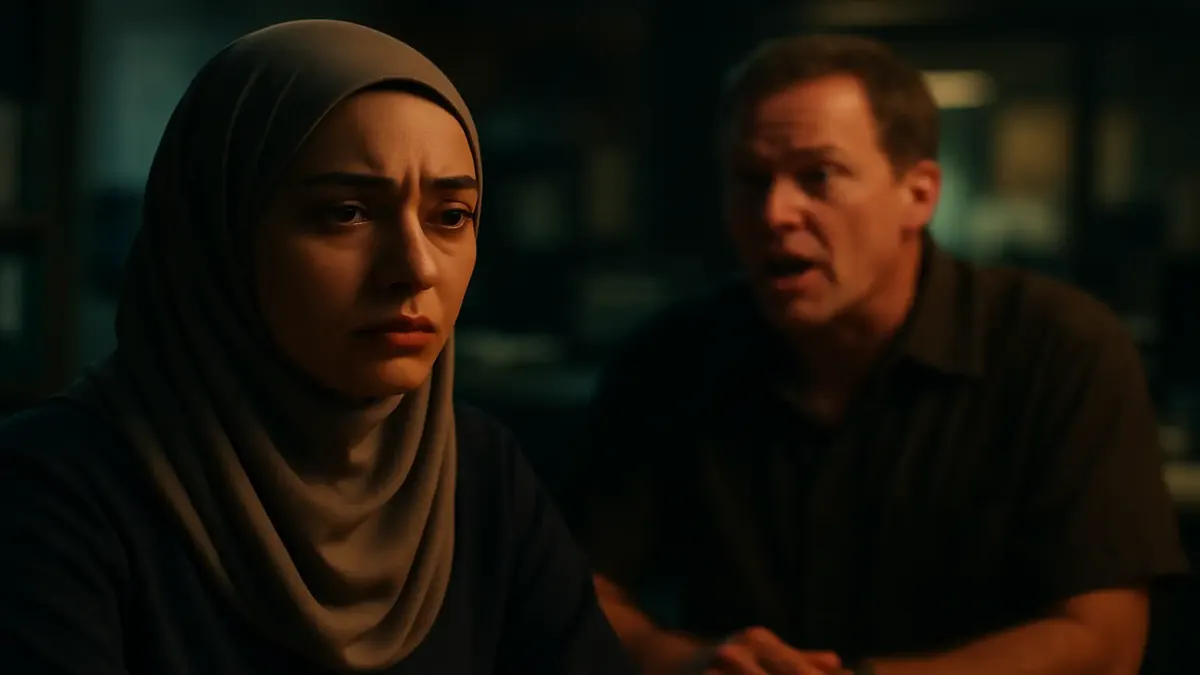 Woman in a headscarf at work, expressing emotions and strength, surrounded by supportive colleagues.