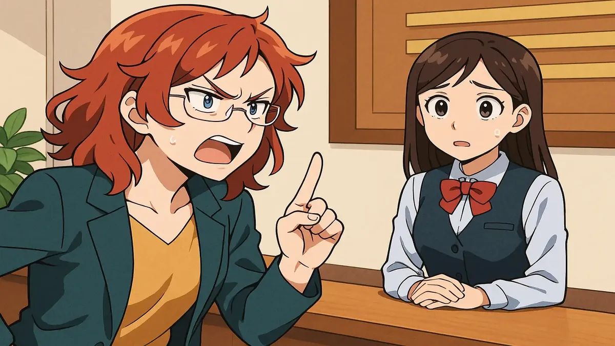 Anime illustration of a frustrated hotel receptionist dealing with a demanding guest insisting on being called