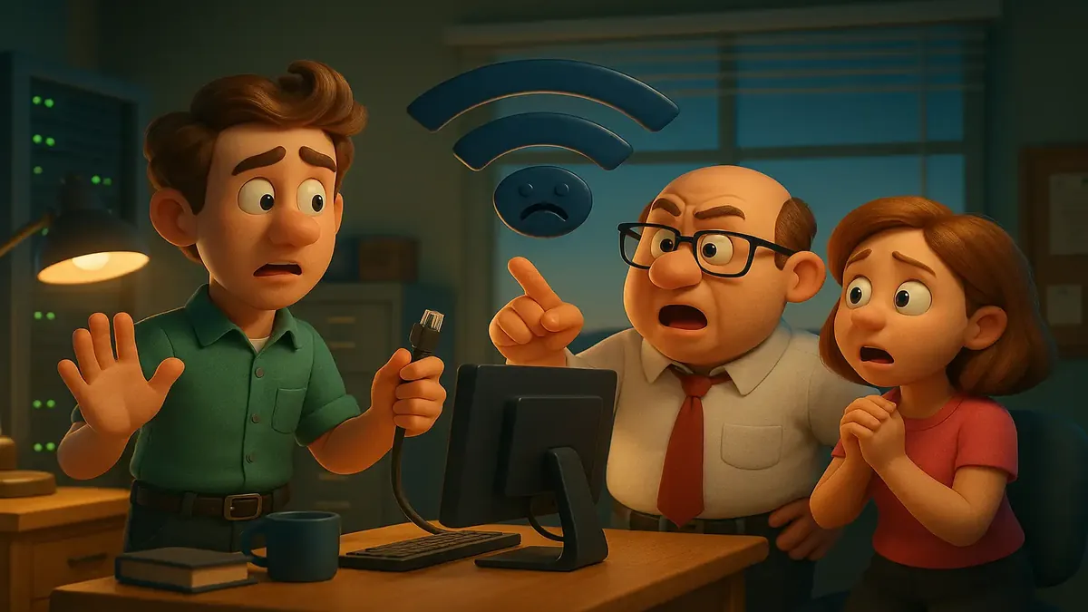 Cartoon 3D illustration of a frustrated team during a network outage in an office setting.