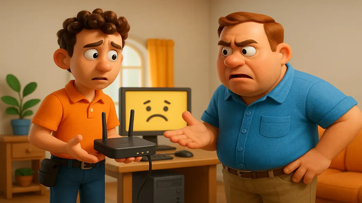 Cartoon-3D illustration of a frustrated technician dealing with a morning network outage issue.