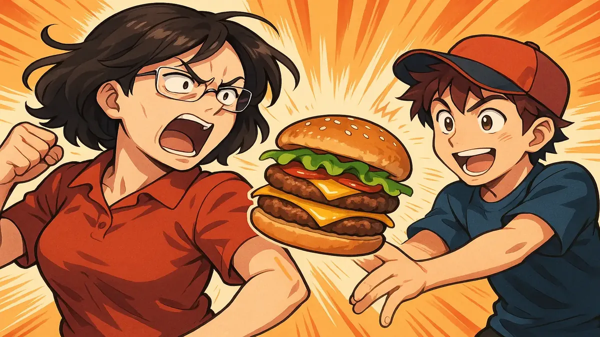 Anime-style double cheeseburger with angry expression, symbolizing revenge against a tough shift leader.