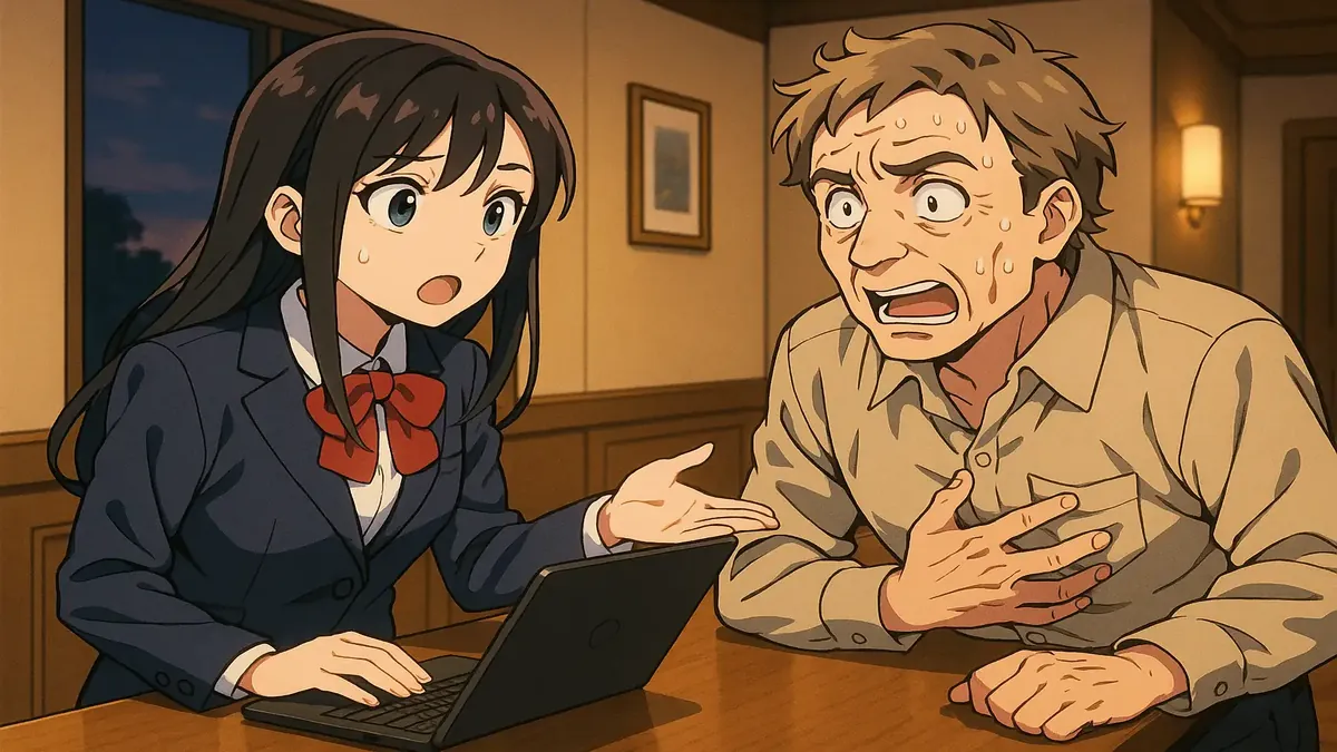 Anime illustration of a hotel front desk with a confused staff member and a curious guest asking health questions.