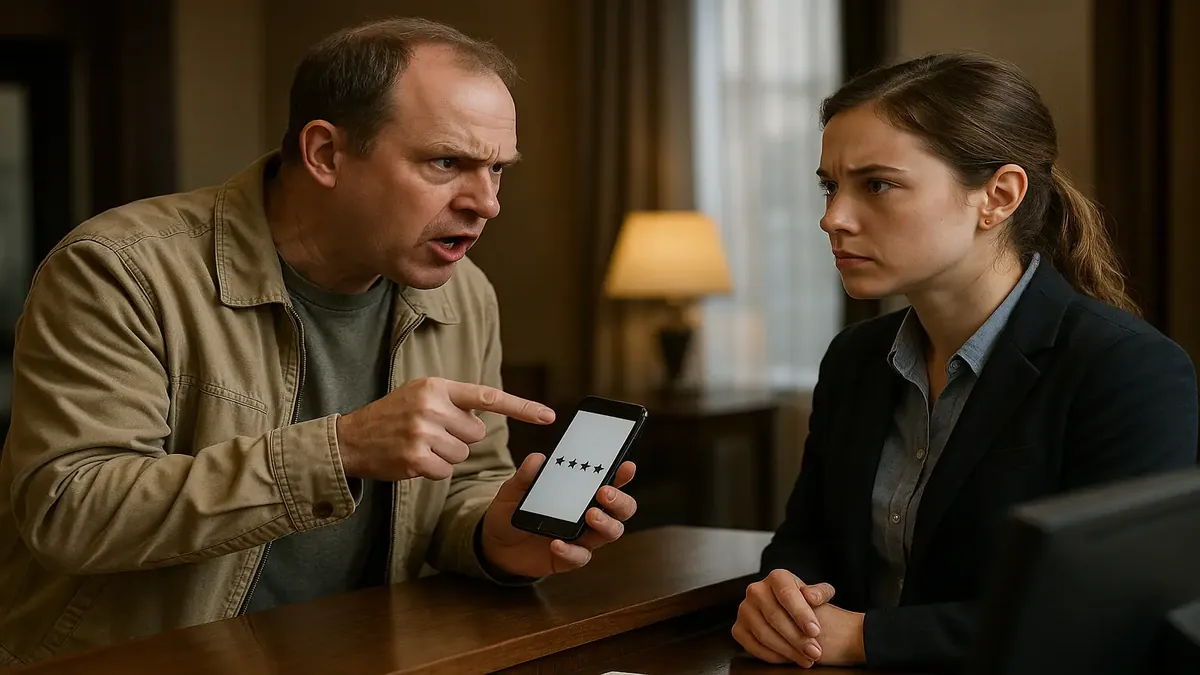 Guests threatening with bad reviews over maintenance issues in a hotel setting.