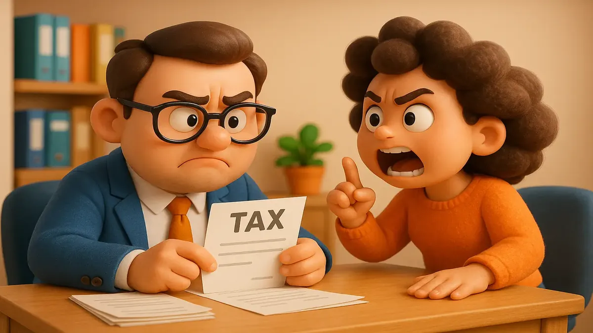 Cartoon illustration of a tax dispute email exchange between a guest and host in Utah.